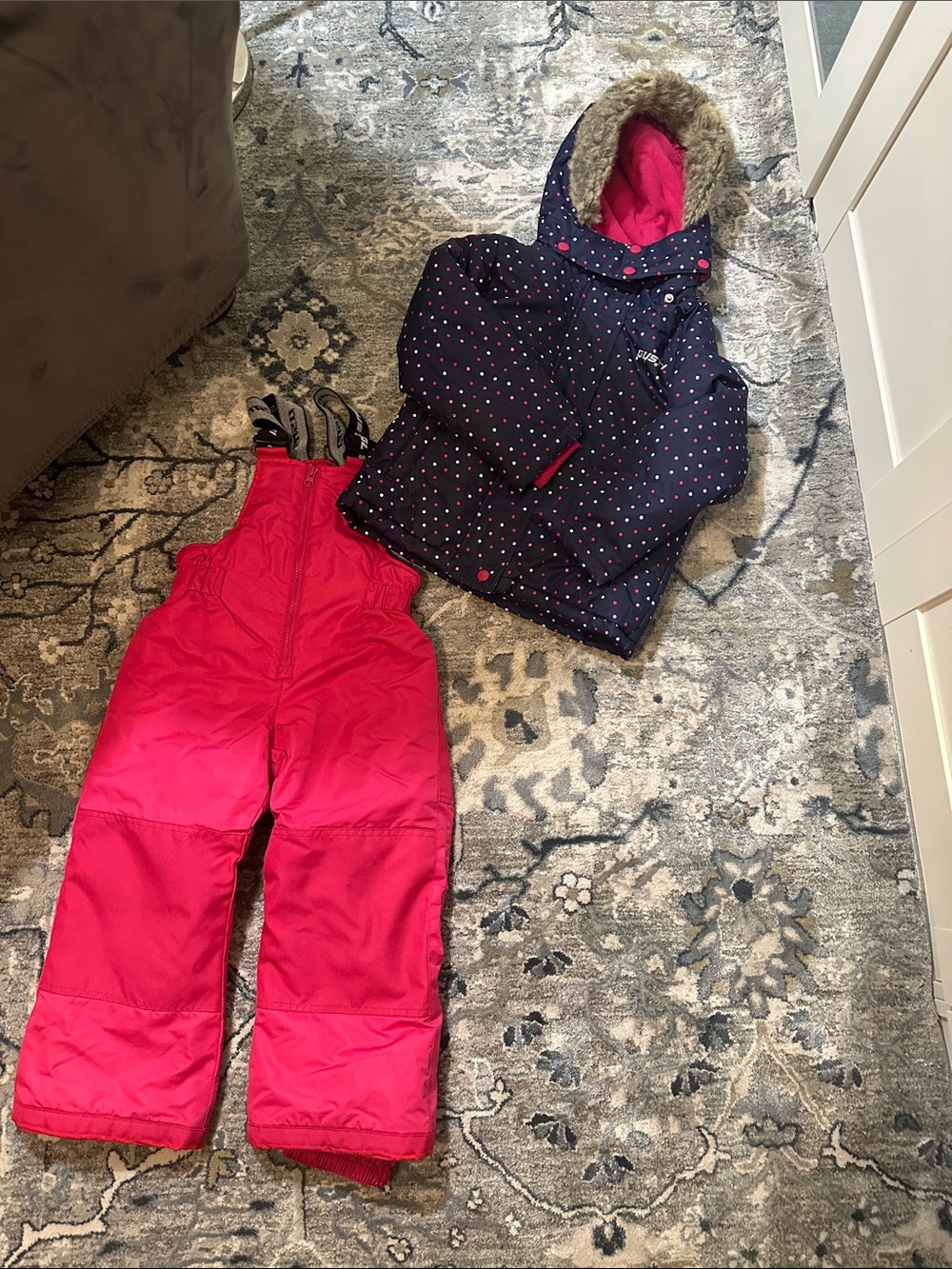 Children's Insulated Pink Snow Bibs & Navy Polka Dot Jacket - Brand: Fila